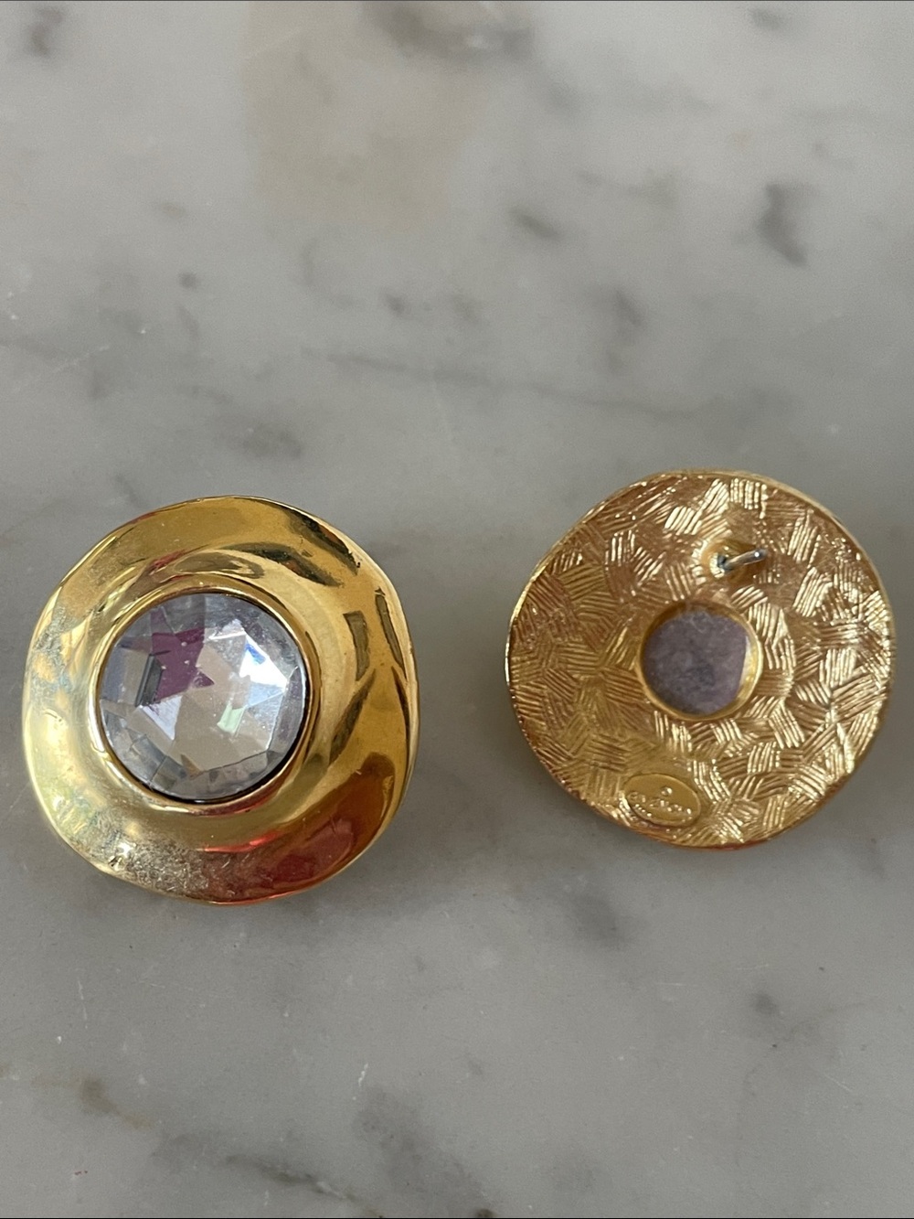 GIVENCHY Vintage Signed Gold Crystal Button Statement Post Earrings 1980's